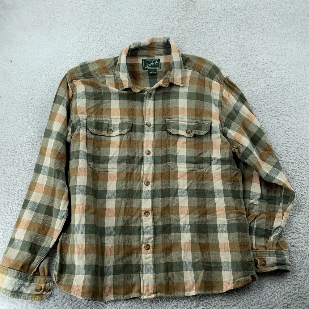 Woolrich‎ Flannel Shirt Mens XL Green Tan Plaid Button Front Double Pocket Twill